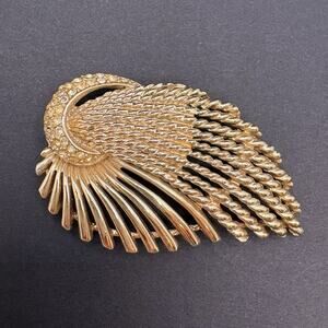 Vintage Marboux Marcel Boucher Brooch Fan Wave Leaf Crystals Gold Tone 2" #394